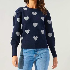 SUGARLIPS Sweetheart Lurex Puff Sleeve Sweater, NAVY-SILVER, Large